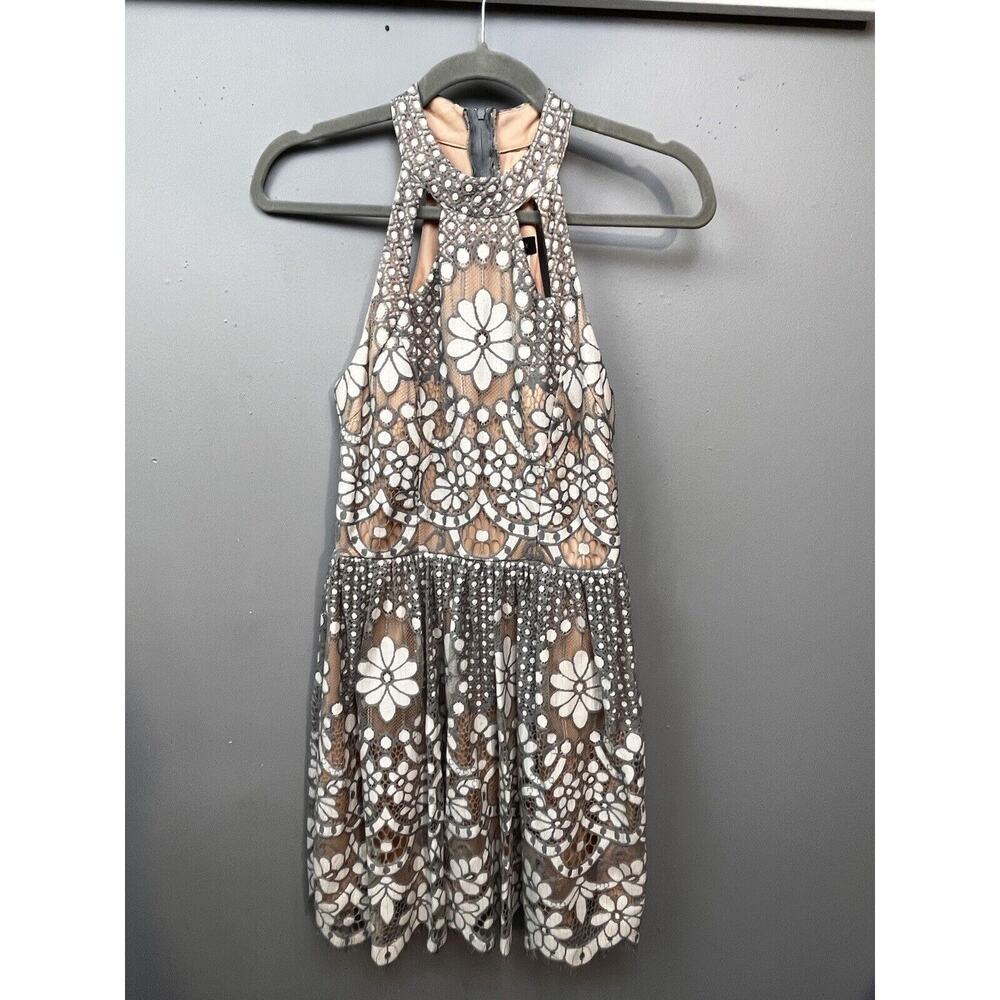 Jodi Kristopher Dress Womens 3 Gray Lace Floral Mini‎ Fit & Flare Sleeveless